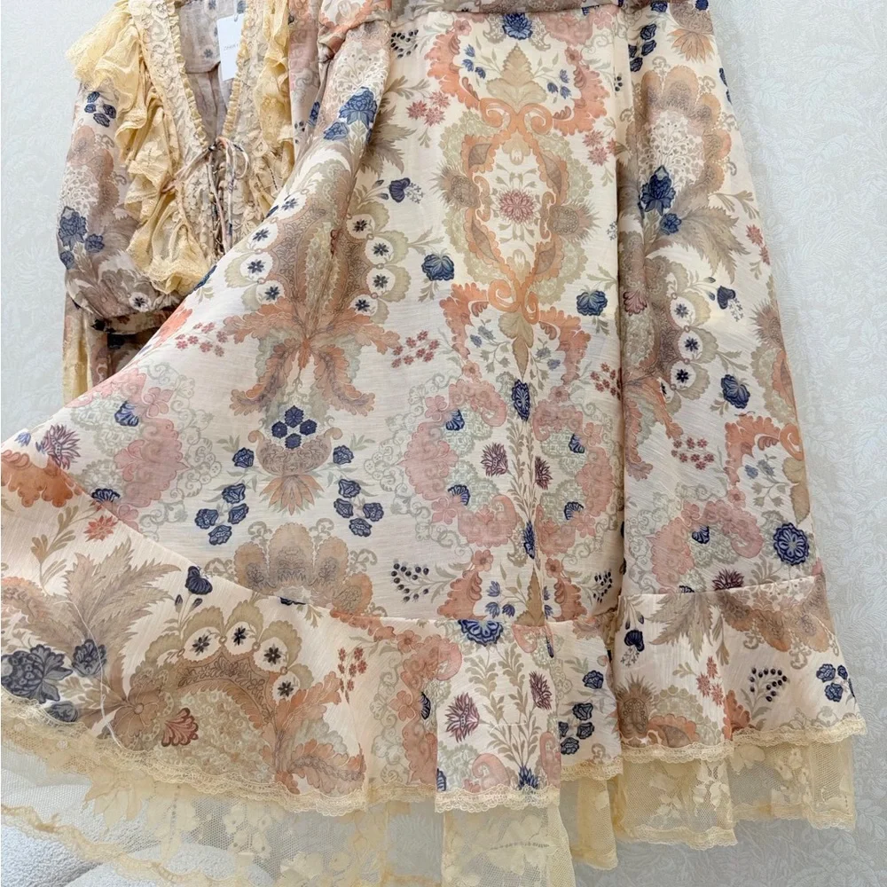 Zimmermann Floral Lace Tiered High-Low Midi Skirt in Cream with Pastel Accents
